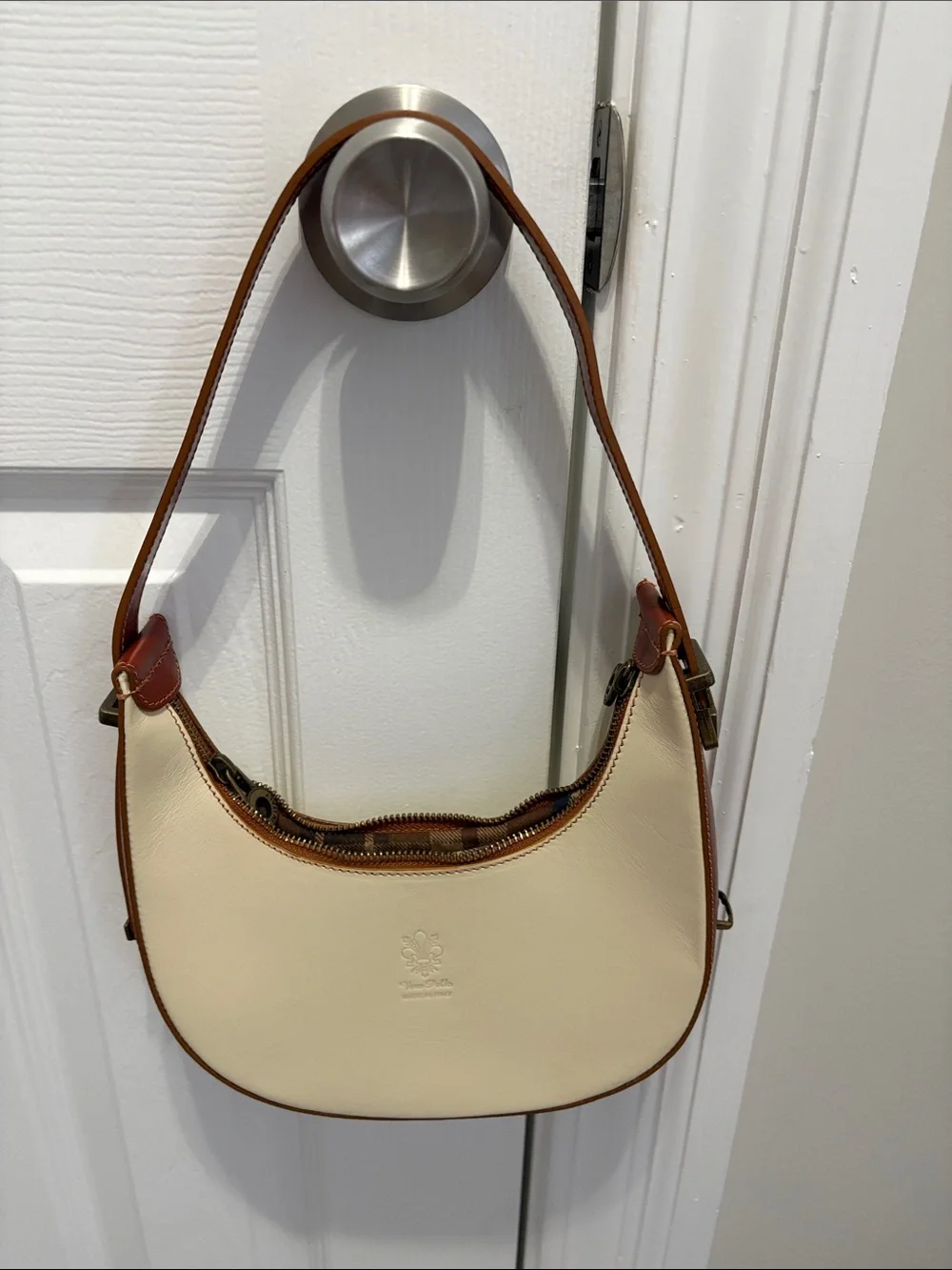 Cream & Tan Genuine Leather Crescent Shoulder with adjustable strap. NNT